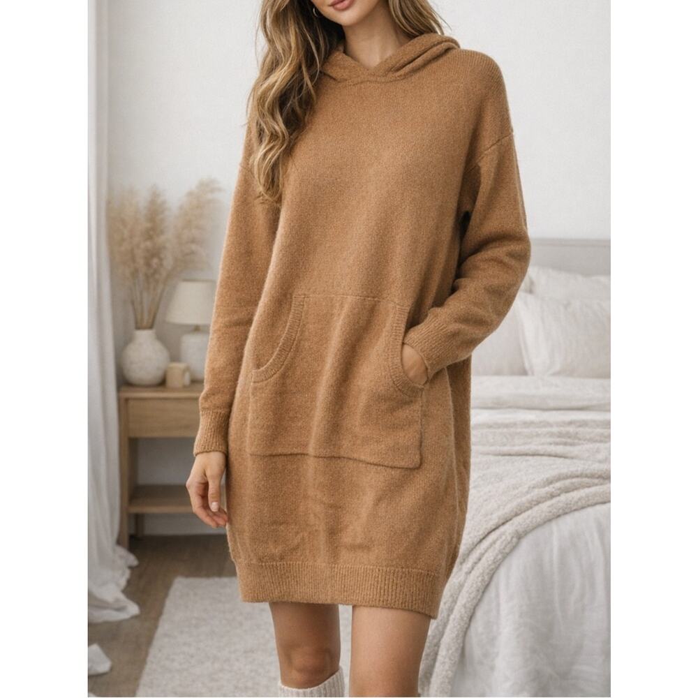 Naadam Wool Cashmere Hoodie Sweater Tunic Dress S Brown Hooded Knit Cozy Luxury